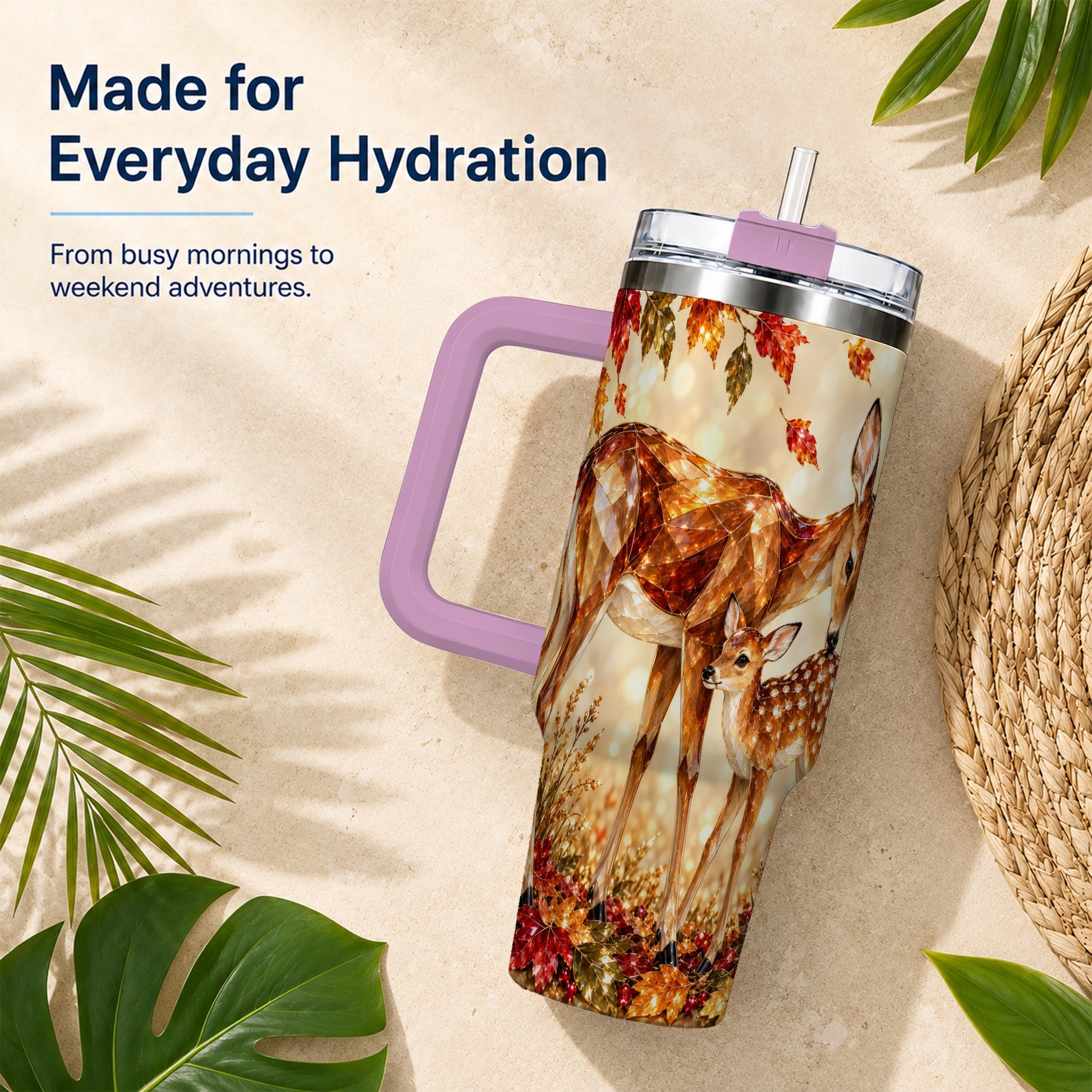 #pl[40oz|Pink] Faceted Deer 40oz Tumbler with Handle, Stainless Steel Travel Cup