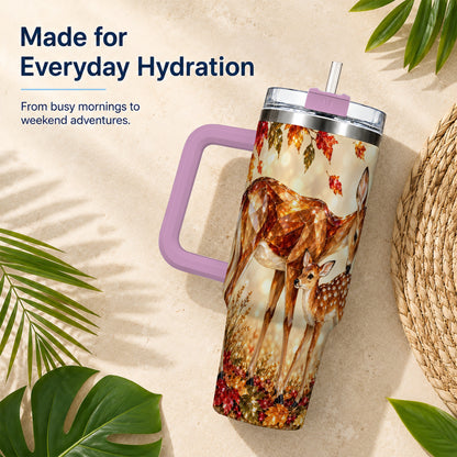 #pl[40oz|Pink] Faceted Deer 40oz Tumbler with Handle, Stainless Steel Travel Cup