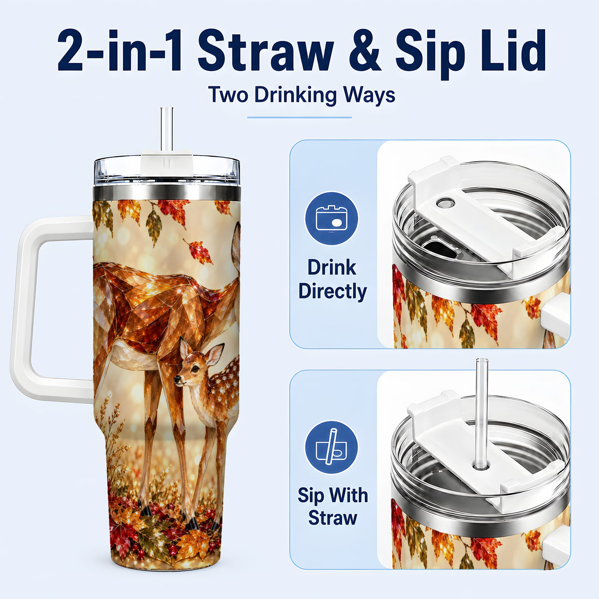 #pl[40oz|White] Faceted Deer 40oz Tumbler with Handle, Stainless Steel Travel Cup