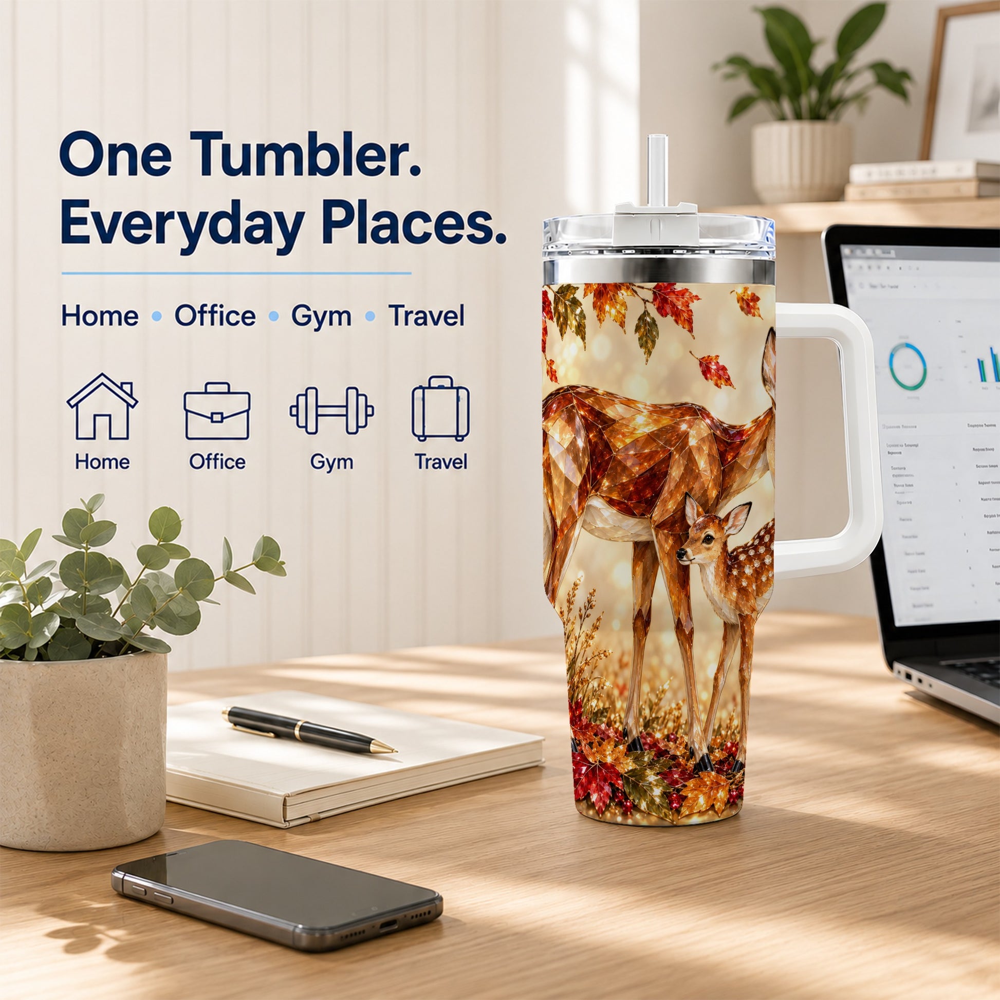 #pl[40oz|White] Faceted Deer 40oz Tumbler with Handle, Stainless Steel Travel Cup