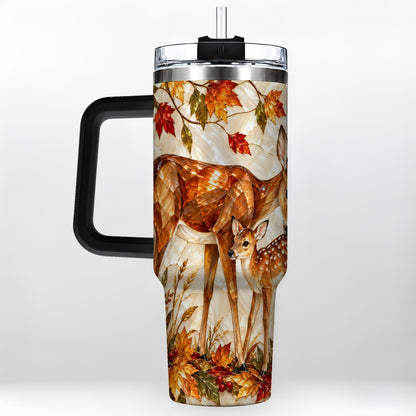 #pl[40oz|Black] Stained Glass Deer 40oz Tumbler with Handle, Doe Fawn Woodland Travel Cup