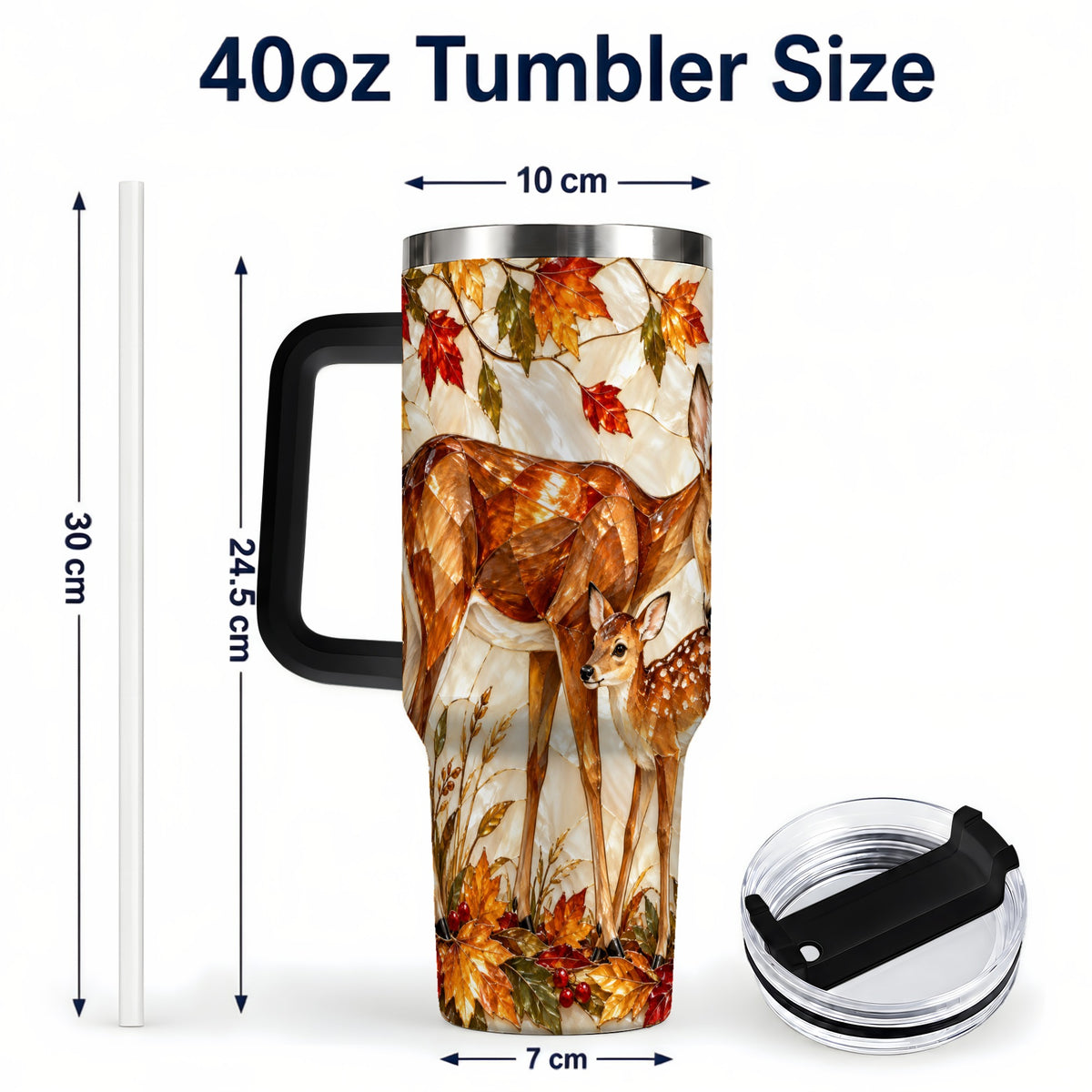 #pl[40oz|Black] Stained Glass Deer 40oz Tumbler with Handle, Doe Fawn Woodland Travel Cup