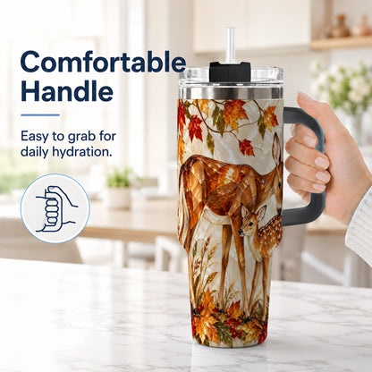 #pl[40oz|Black] Stained Glass Deer 40oz Tumbler with Handle, Doe Fawn Woodland Travel Cup