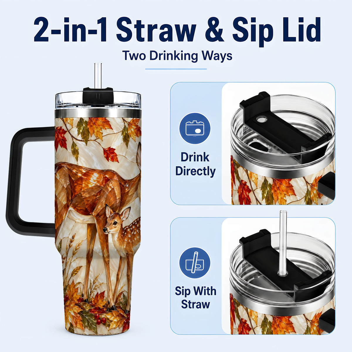 #pl[40oz|Black] Stained Glass Deer 40oz Tumbler with Handle, Doe Fawn Woodland Travel Cup