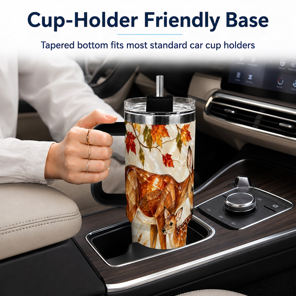 #pl[40oz|Black] Stained Glass Deer 40oz Tumbler with Handle, Doe Fawn Woodland Travel Cup