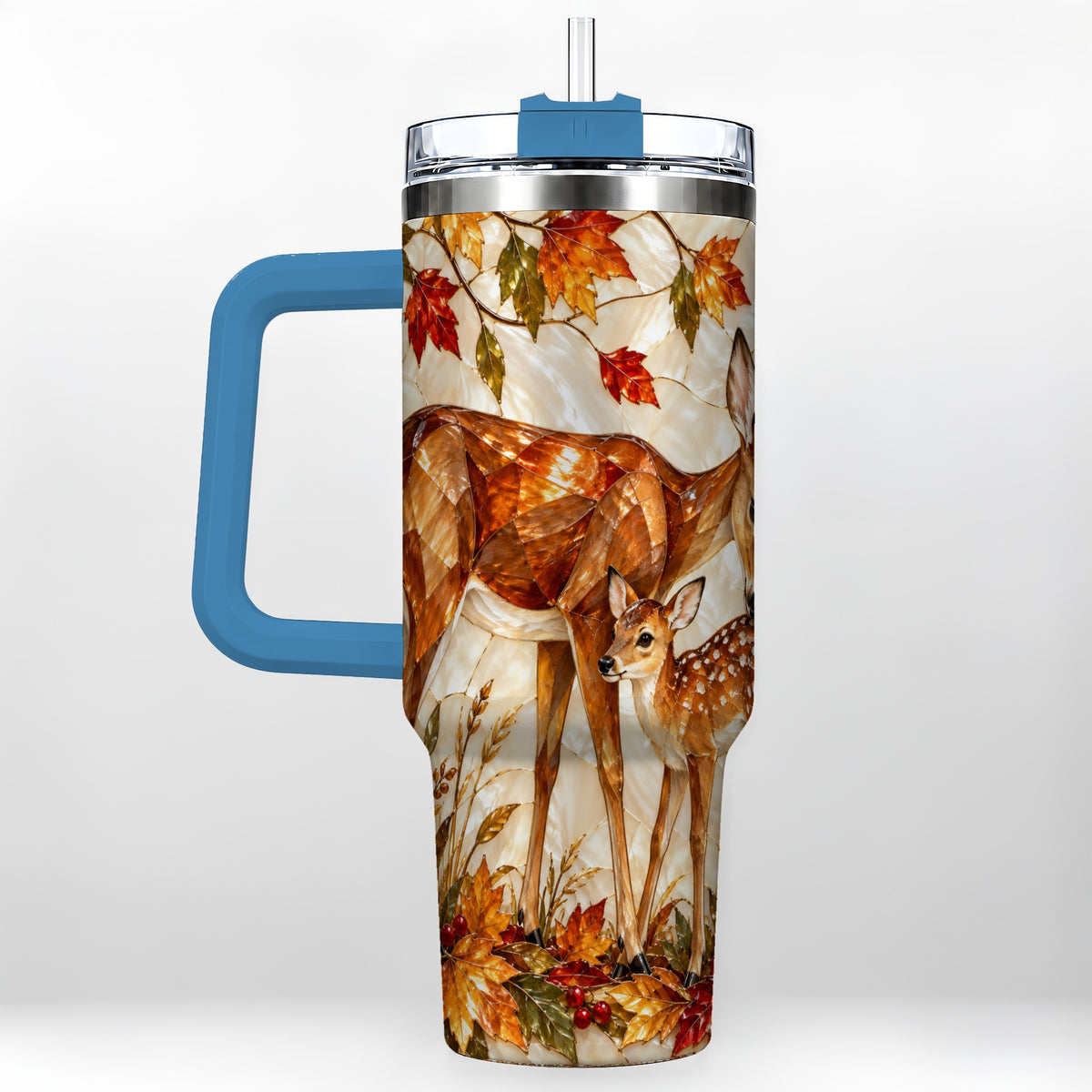 #pl[40oz|Blue] Stained Glass Deer 40oz Tumbler with Handle, Doe Fawn Woodland Travel Cup
