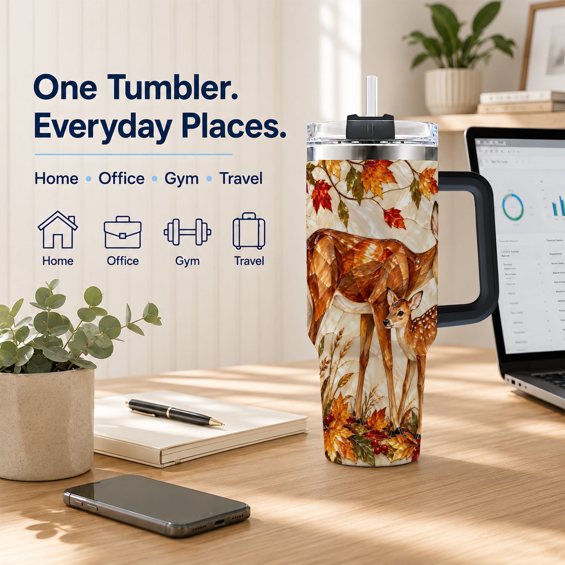 #pl[40oz|Black] Stained Glass Deer 40oz Tumbler with Handle, Doe Fawn Woodland Travel Cup