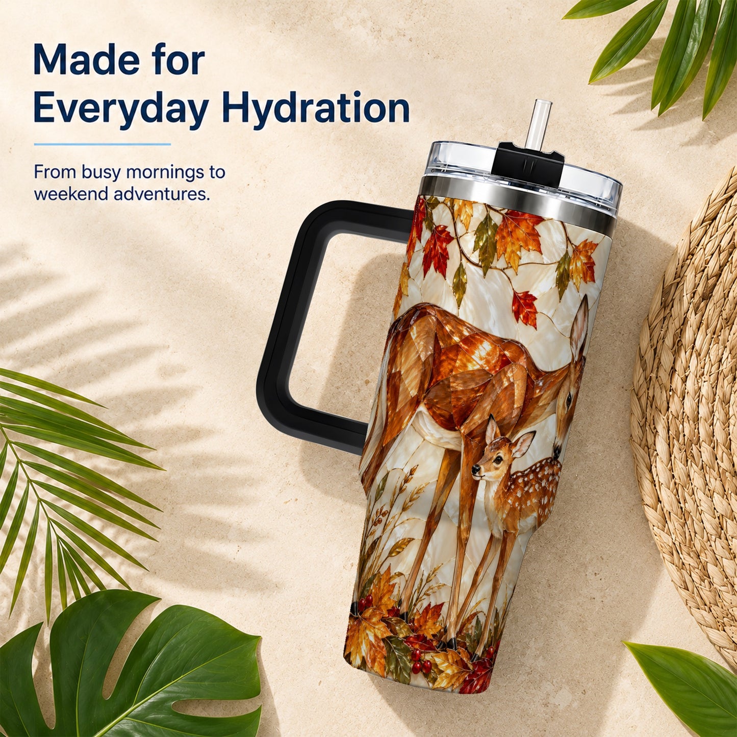 #pl[40oz|Black] Stained Glass Deer 40oz Tumbler with Handle, Doe Fawn Woodland Travel Cup
