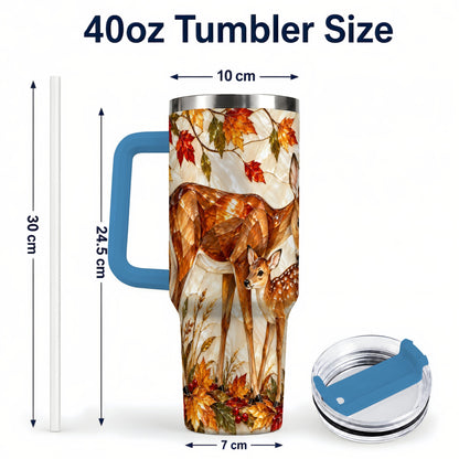 #pl[40oz|Blue] Stained Glass Deer 40oz Tumbler with Handle, Doe Fawn Woodland Travel Cup