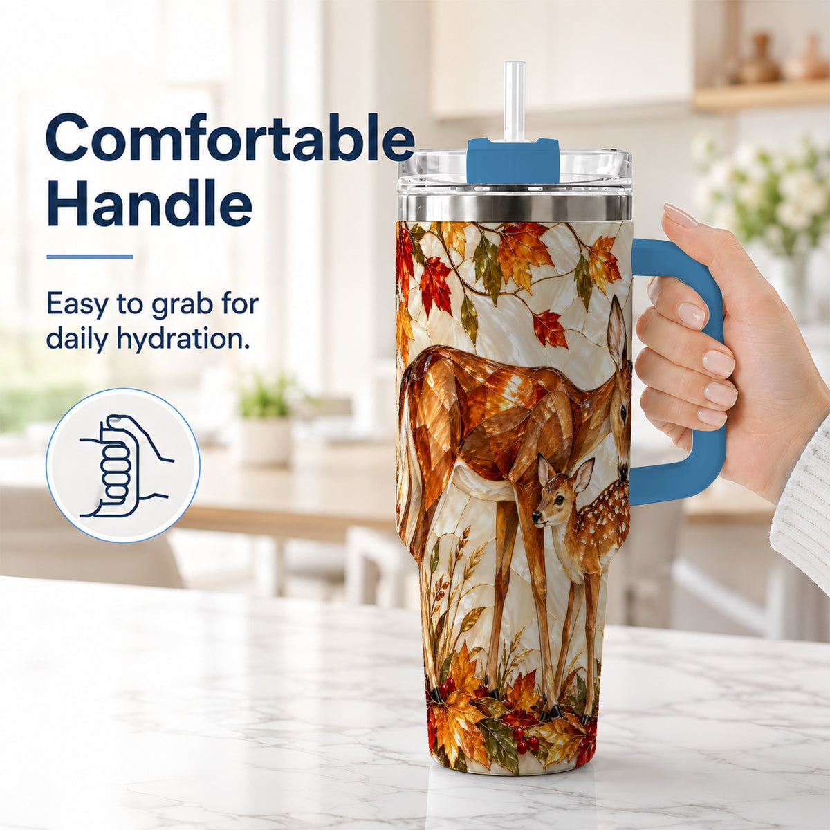 #pl[40oz|Blue] Stained Glass Deer 40oz Tumbler with Handle, Doe Fawn Woodland Travel Cup