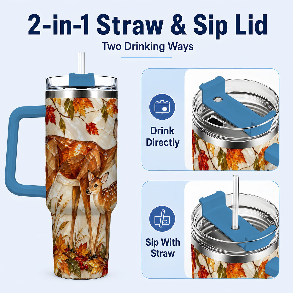 #pl[40oz|Blue] Stained Glass Deer 40oz Tumbler with Handle, Doe Fawn Woodland Travel Cup