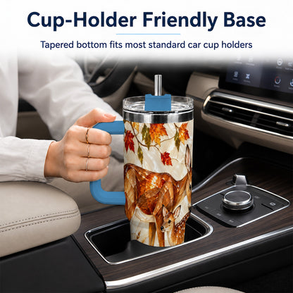 #pl[40oz|Blue] Stained Glass Deer 40oz Tumbler with Handle, Doe Fawn Woodland Travel Cup