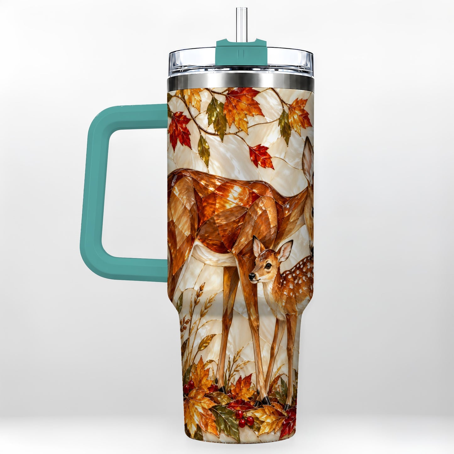 #pl[40oz|Green] Stained Glass Deer 40oz Tumbler with Handle, Doe Fawn Woodland Travel Cup
