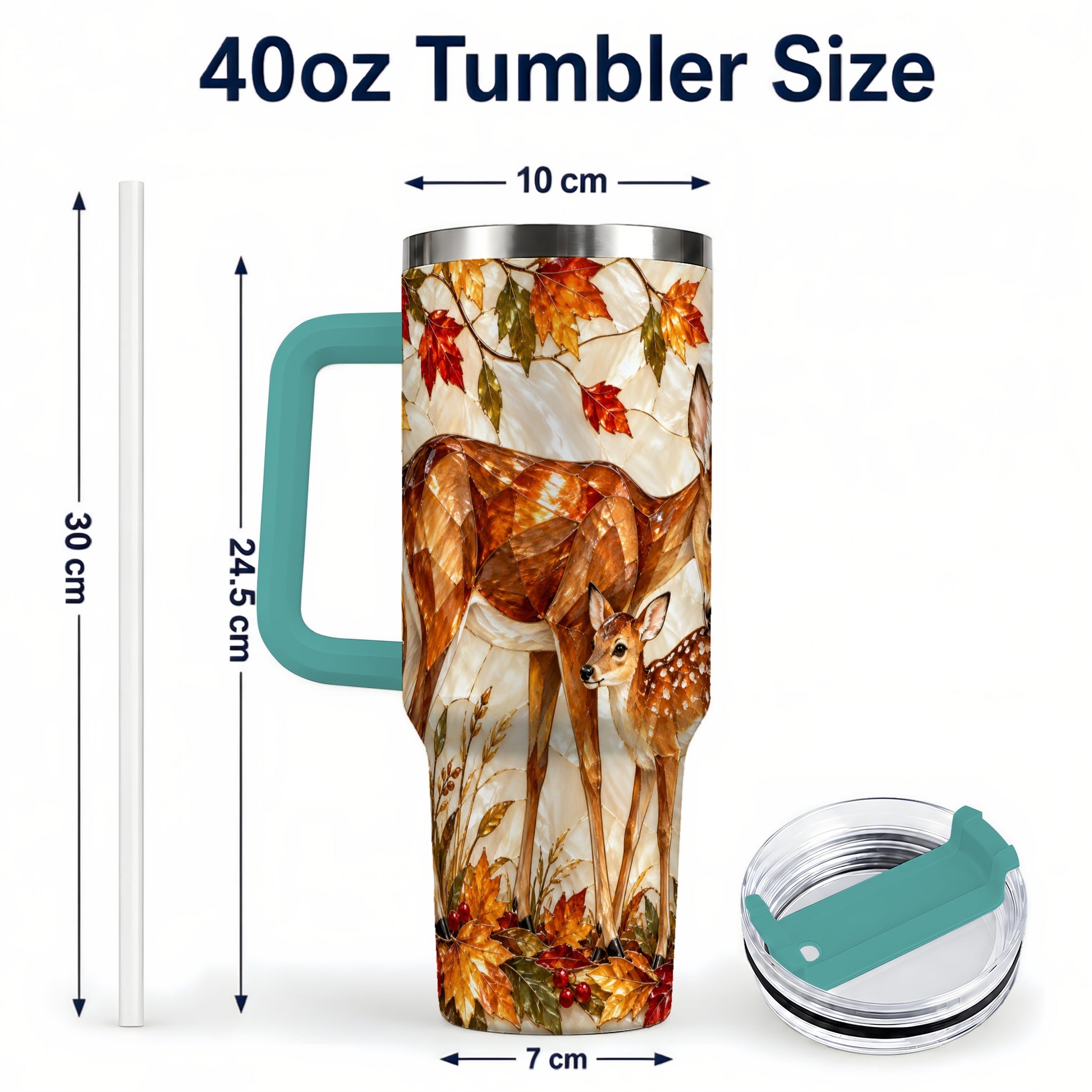 #pl[40oz|Green] Stained Glass Deer 40oz Tumbler with Handle, Doe Fawn Woodland Travel Cup