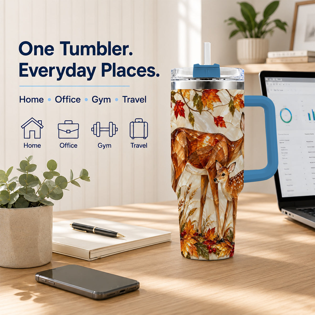 #pl[40oz|Blue] Stained Glass Deer 40oz Tumbler with Handle, Doe Fawn Woodland Travel Cup
