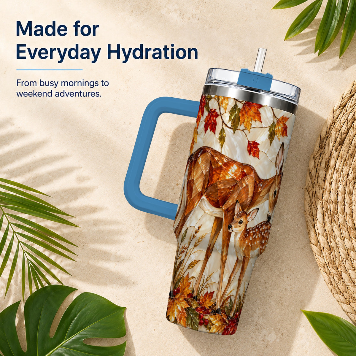 #pl[40oz|Blue] Stained Glass Deer 40oz Tumbler with Handle, Doe Fawn Woodland Travel Cup
