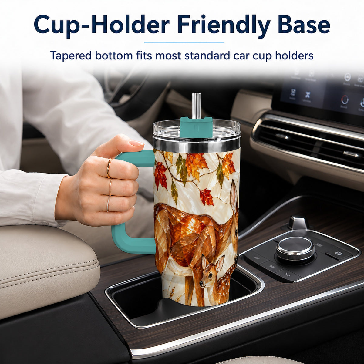 #pl[40oz|Green] Stained Glass Deer 40oz Tumbler with Handle, Doe Fawn Woodland Travel Cup
