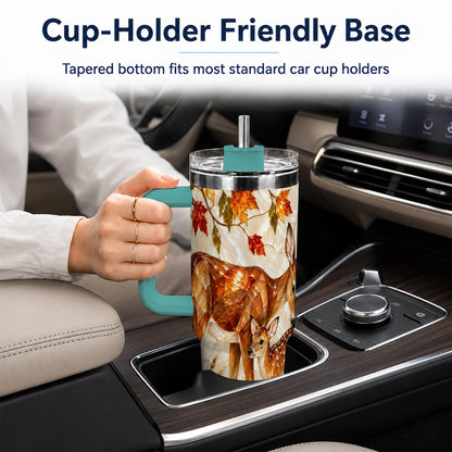 #pl[40oz|Green] Stained Glass Deer 40oz Tumbler with Handle, Doe Fawn Woodland Travel Cup