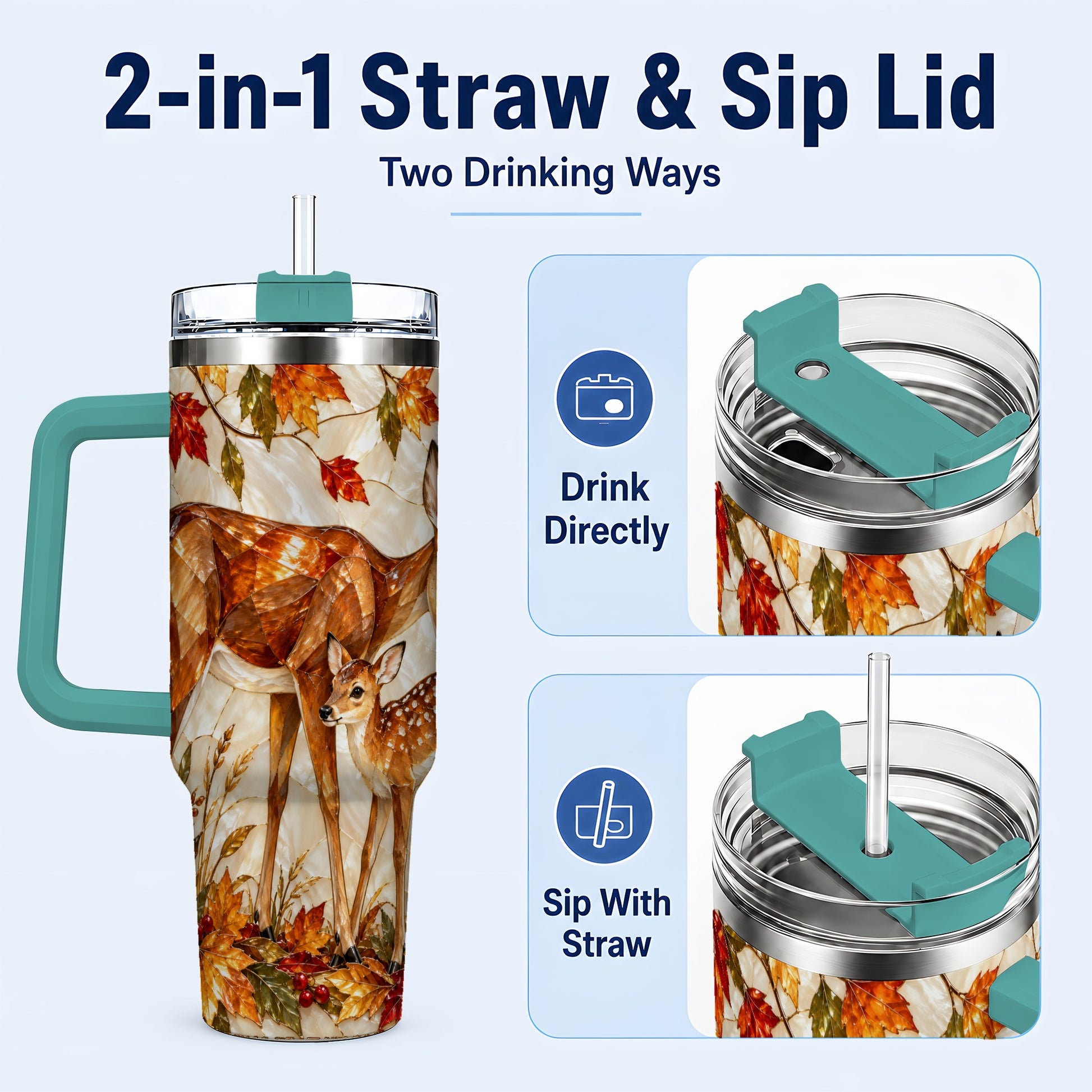 #pl[40oz|Green] Stained Glass Deer 40oz Tumbler with Handle, Doe Fawn Woodland Travel Cup