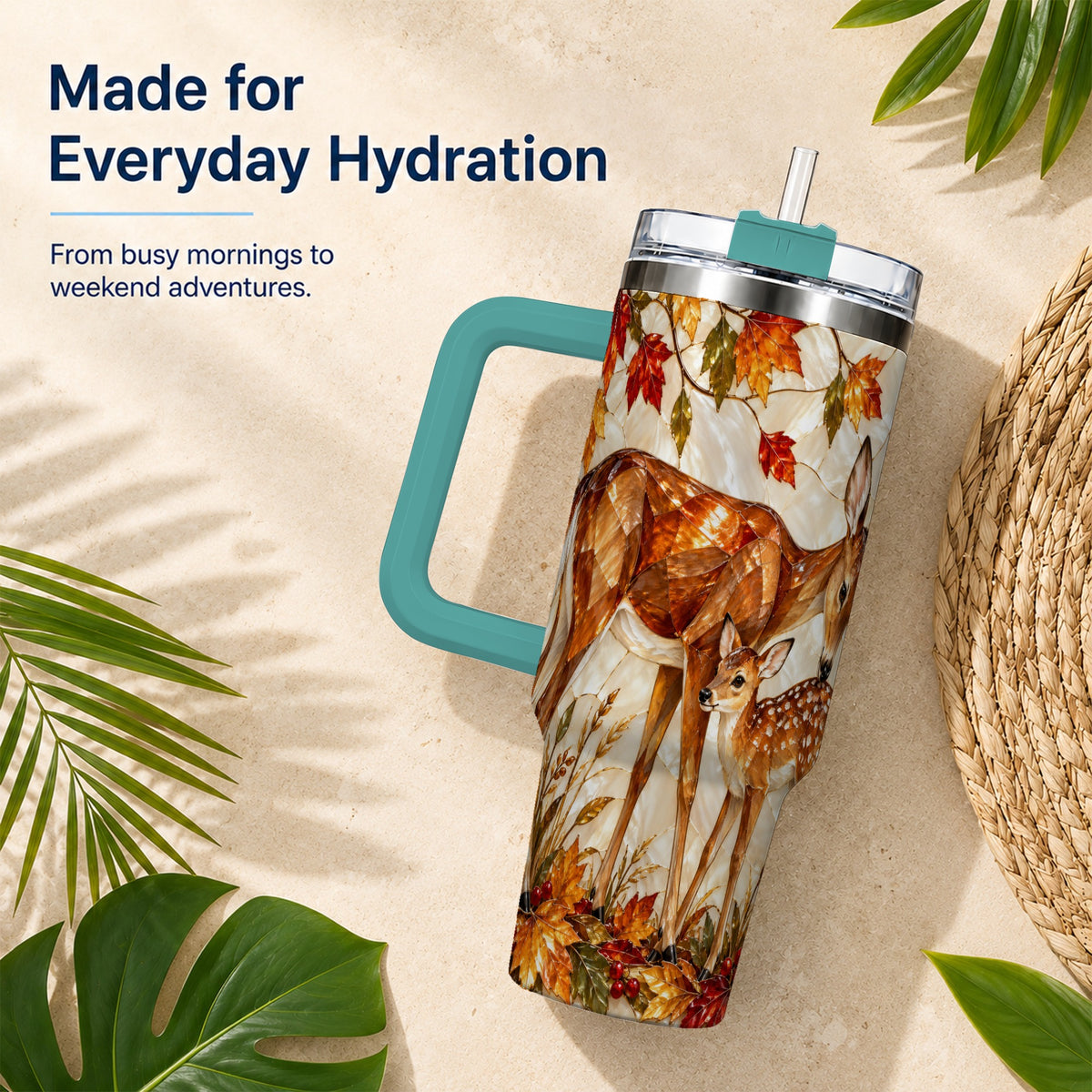 #pl[40oz|Green] Stained Glass Deer 40oz Tumbler with Handle, Doe Fawn Woodland Travel Cup