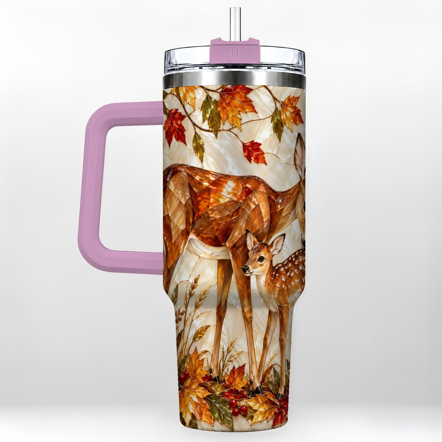 #pl[40oz|Pink] Stained Glass Deer 40oz Tumbler with Handle, Doe Fawn Woodland Travel Cup