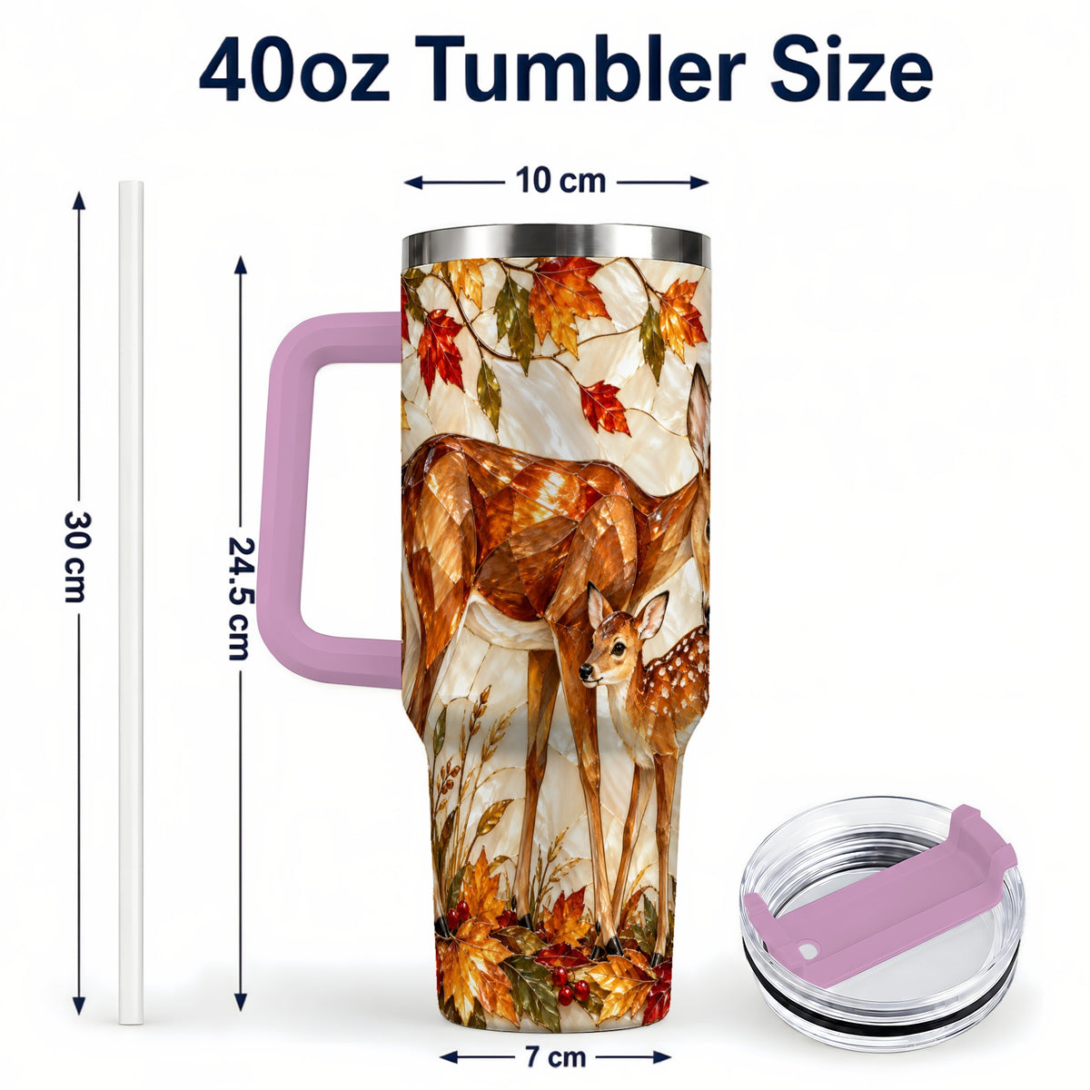 #pl[40oz|Pink] Stained Glass Deer 40oz Tumbler with Handle, Doe Fawn Woodland Travel Cup