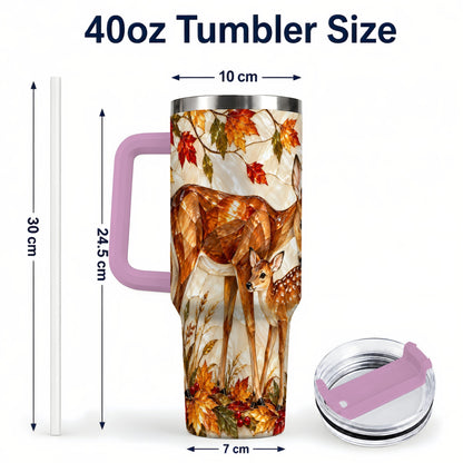 #pl[40oz|Pink] Stained Glass Deer 40oz Tumbler with Handle, Doe Fawn Woodland Travel Cup