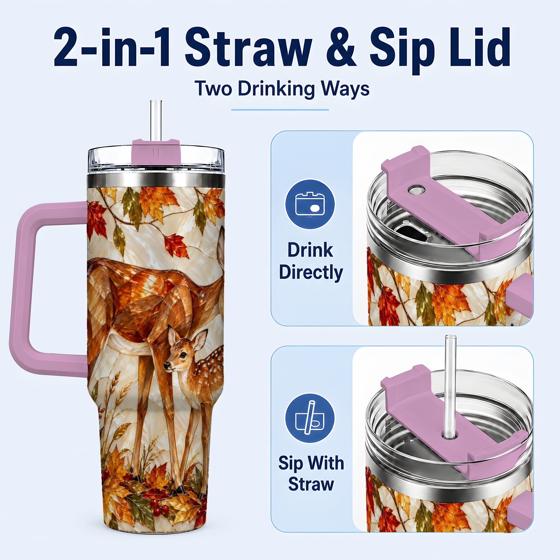 #pl[40oz|Pink] Stained Glass Deer 40oz Tumbler with Handle, Doe Fawn Woodland Travel Cup