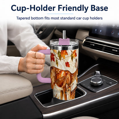 #pl[40oz|Pink] Stained Glass Deer 40oz Tumbler with Handle, Doe Fawn Woodland Travel Cup