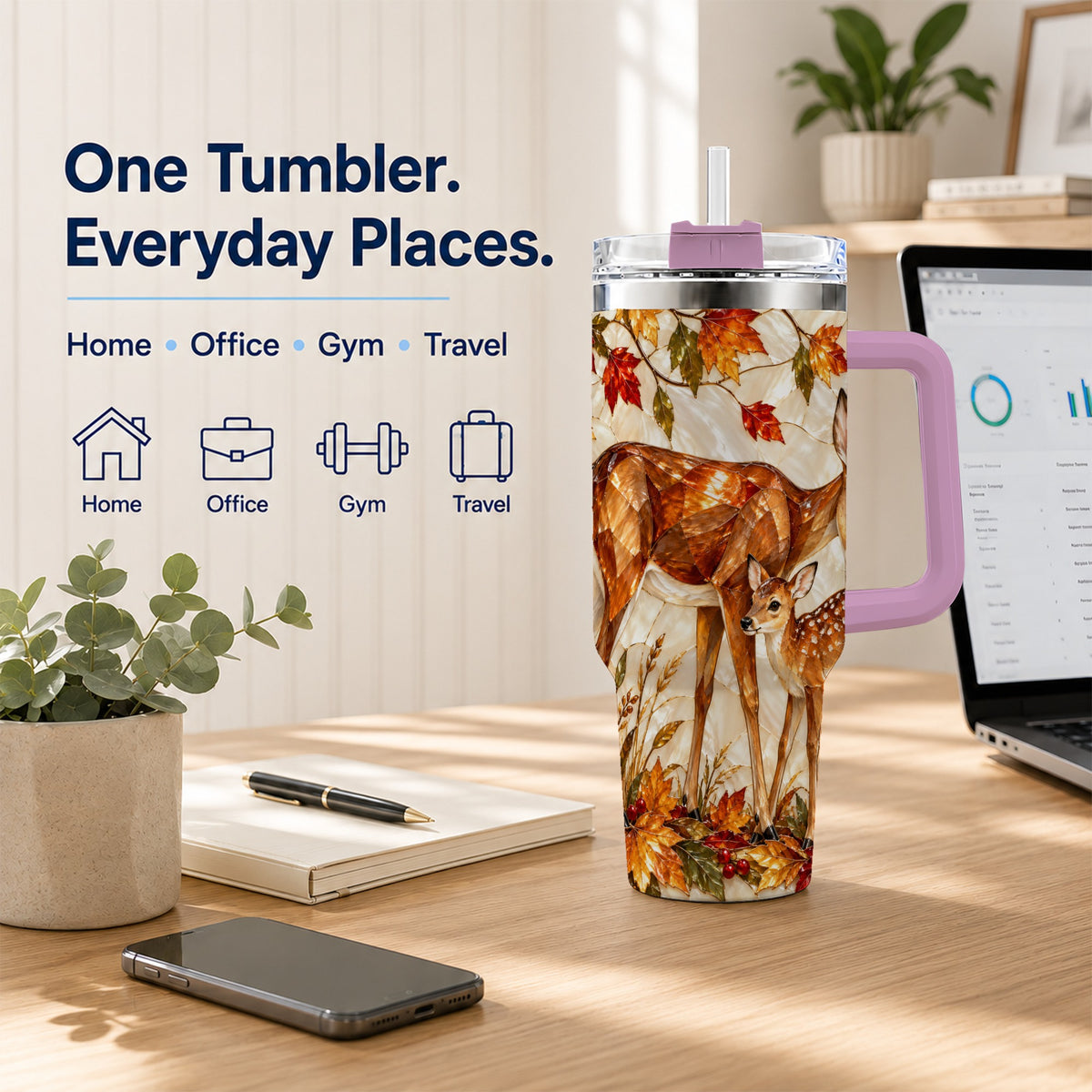 #pl[40oz|Pink] Stained Glass Deer 40oz Tumbler with Handle, Doe Fawn Woodland Travel Cup