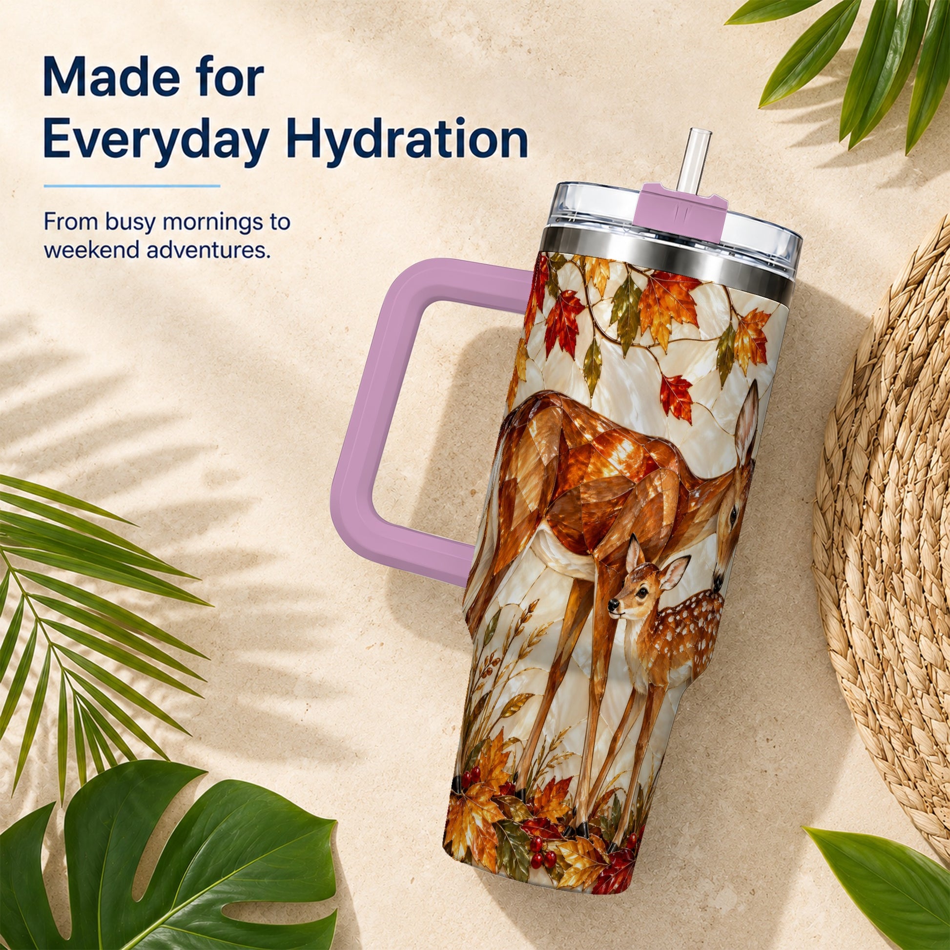 #pl[40oz|Pink] Stained Glass Deer 40oz Tumbler with Handle, Doe Fawn Woodland Travel Cup