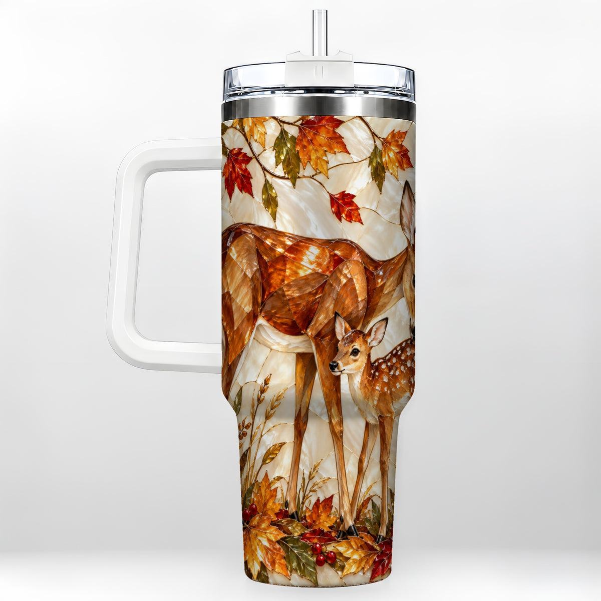 Stained Glass Deer 40oz Tumbler with Handle, Doe Fawn Woodland Travel Cup