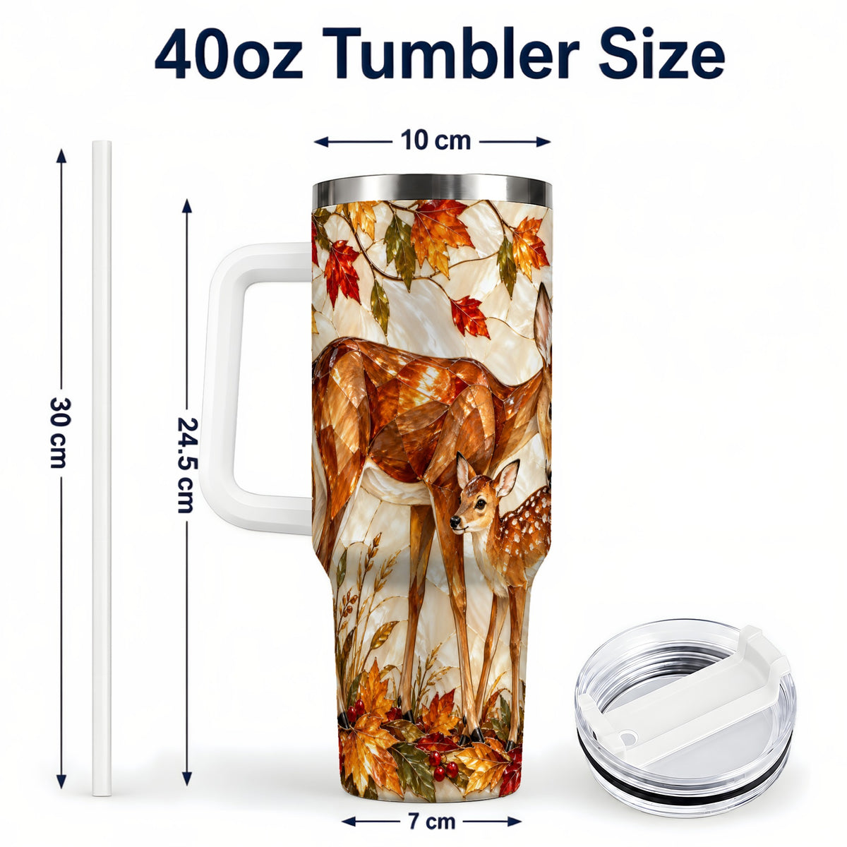 #pl[40oz|White] Stained Glass Deer 40oz Tumbler with Handle, Doe Fawn Woodland Travel Cup