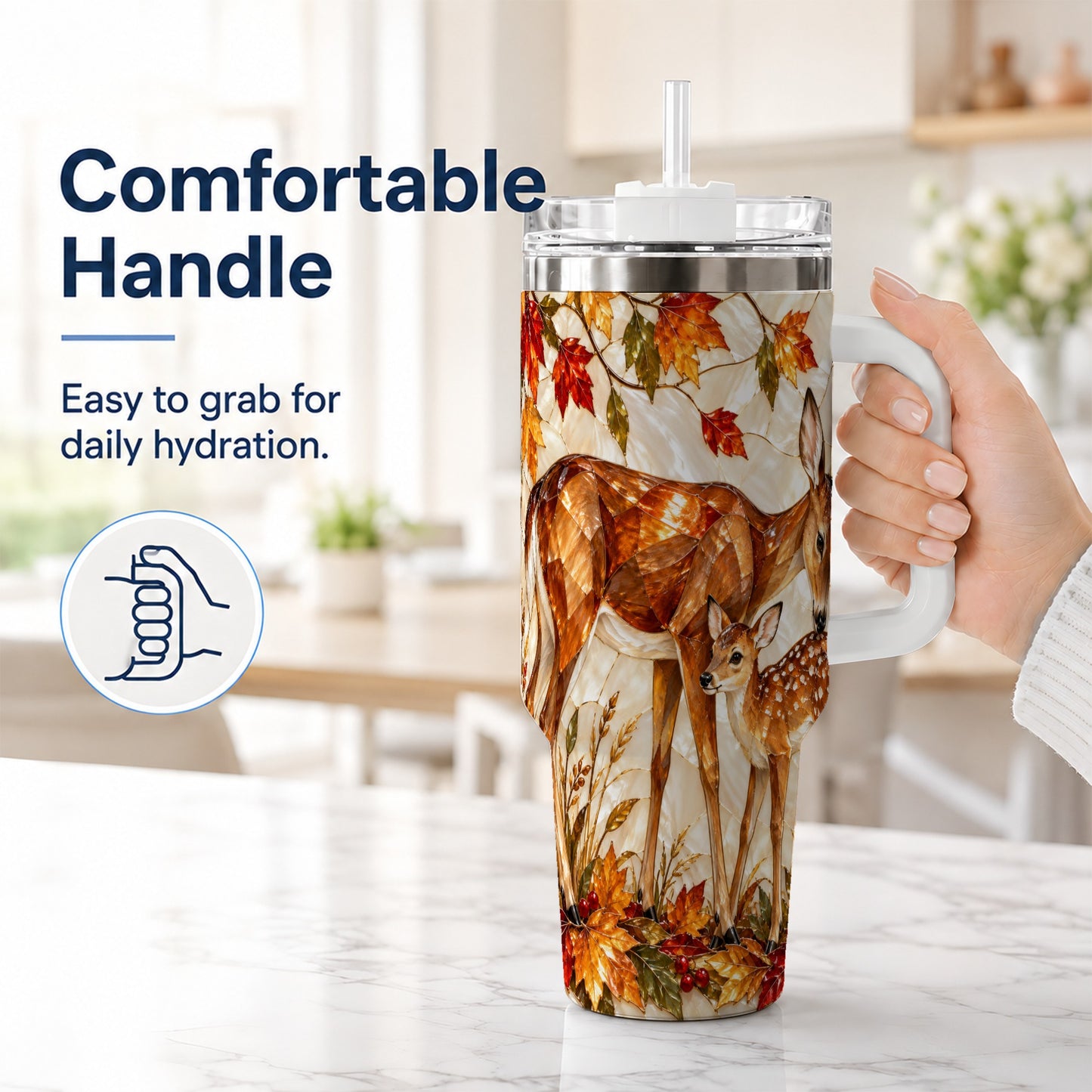 #pl[40oz|White] Stained Glass Deer 40oz Tumbler with Handle, Doe Fawn Woodland Travel Cup