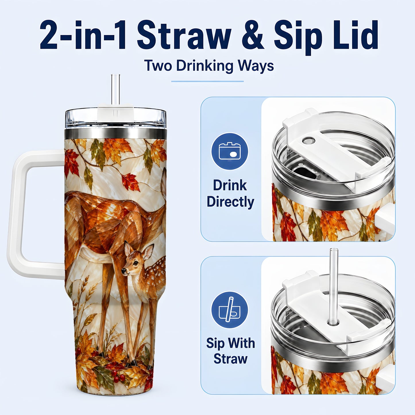 #pl[40oz|White] Stained Glass Deer 40oz Tumbler with Handle, Doe Fawn Woodland Travel Cup
