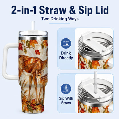 #pl[40oz|White] Stained Glass Deer 40oz Tumbler with Handle, Doe Fawn Woodland Travel Cup