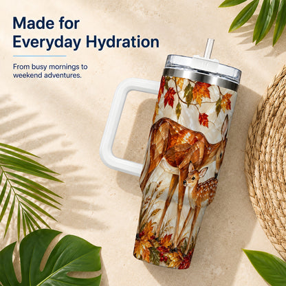 #pl[40oz|White] Stained Glass Deer 40oz Tumbler with Handle, Doe Fawn Woodland Travel Cup