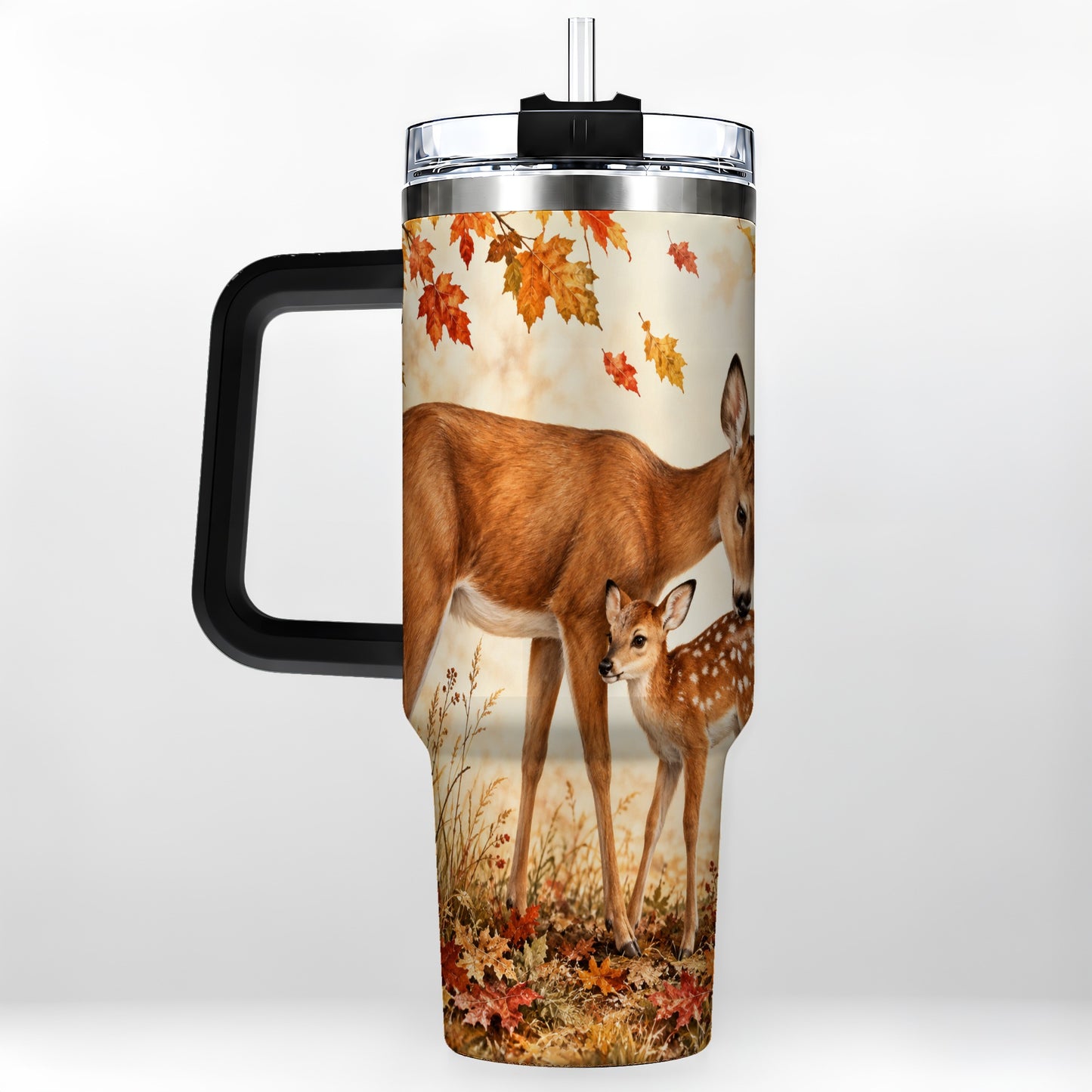 #pl[40oz|Black] Autumn Deer 40oz Tumbler with Handle, Doe Fawn Woodland Travel Cup