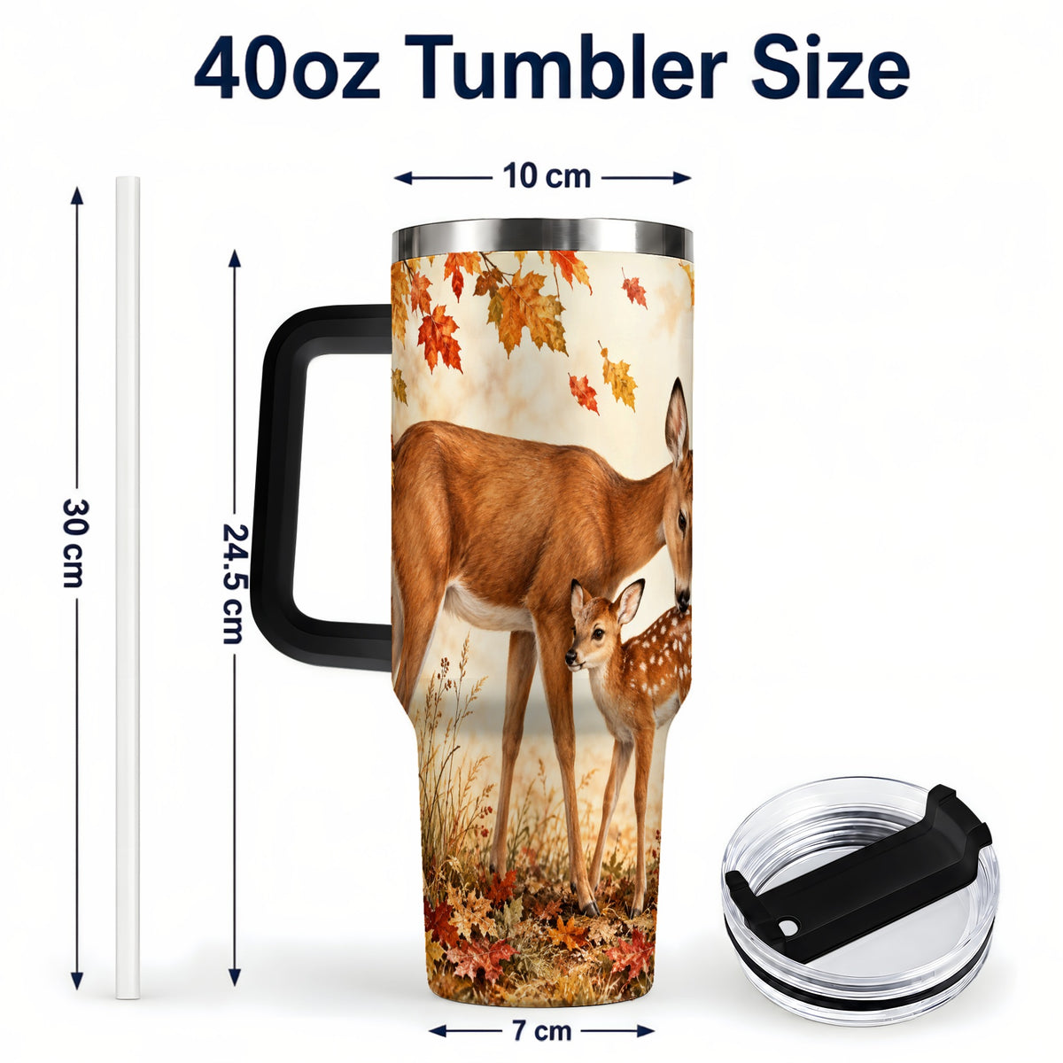 #pl[40oz|Black] Autumn Deer 40oz Tumbler with Handle, Doe Fawn Woodland Travel Cup