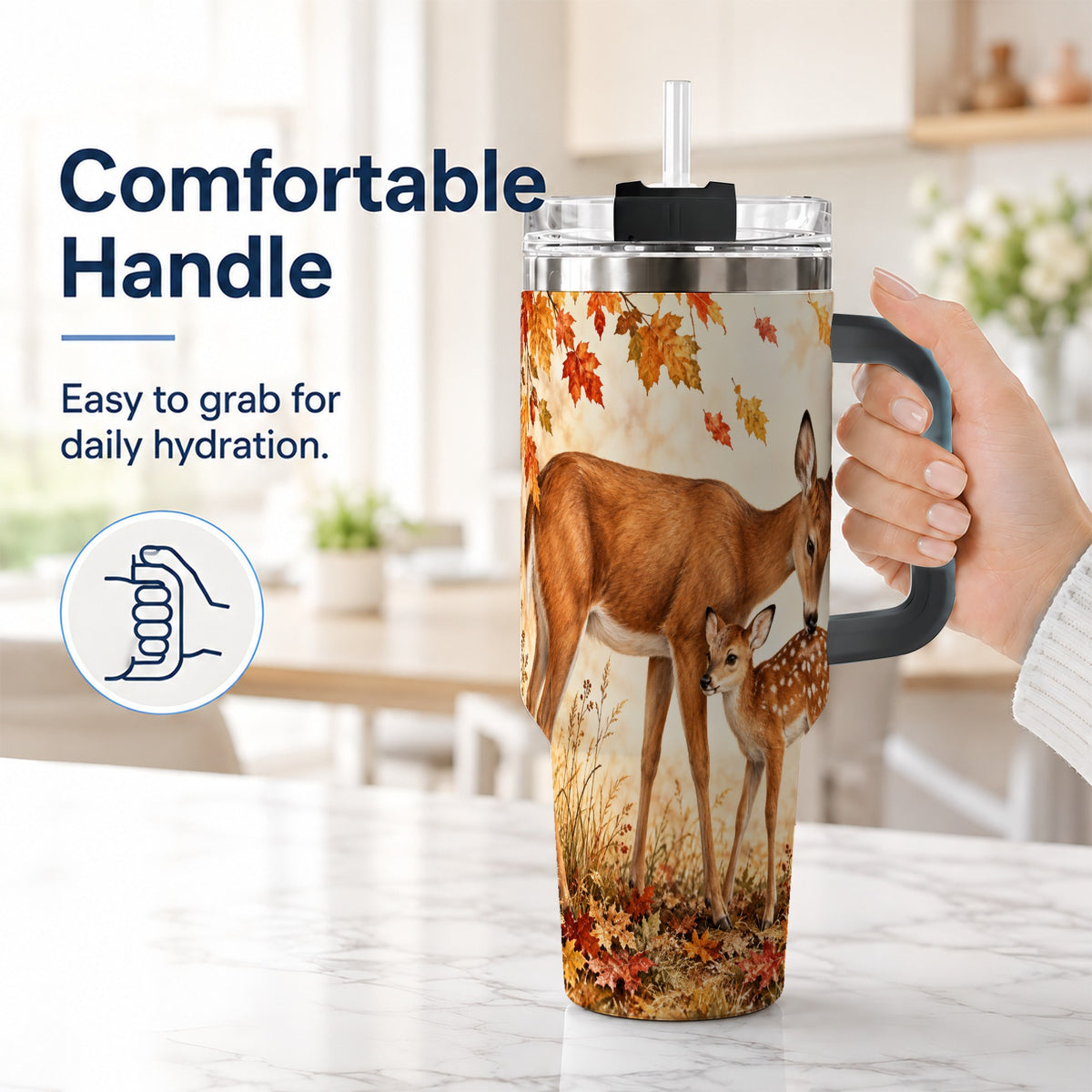 #pl[40oz|Black] Autumn Deer 40oz Tumbler with Handle, Doe Fawn Woodland Travel Cup