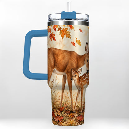 #pl[40oz|Blue] Autumn Deer 40oz Tumbler with Handle, Doe Fawn Woodland Travel Cup
