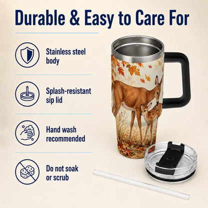 #pl[40oz|Black] Autumn Deer 40oz Tumbler with Handle, Doe Fawn Woodland Travel Cup