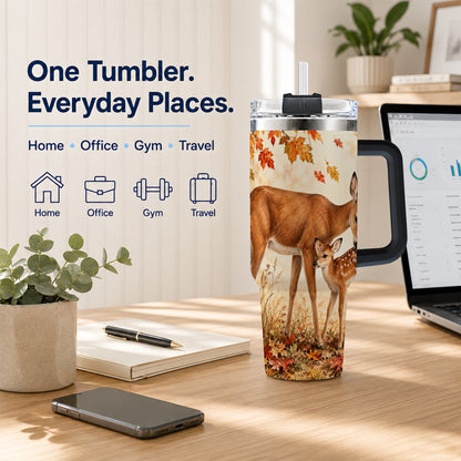 #pl[40oz|Black] Autumn Deer 40oz Tumbler with Handle, Doe Fawn Woodland Travel Cup