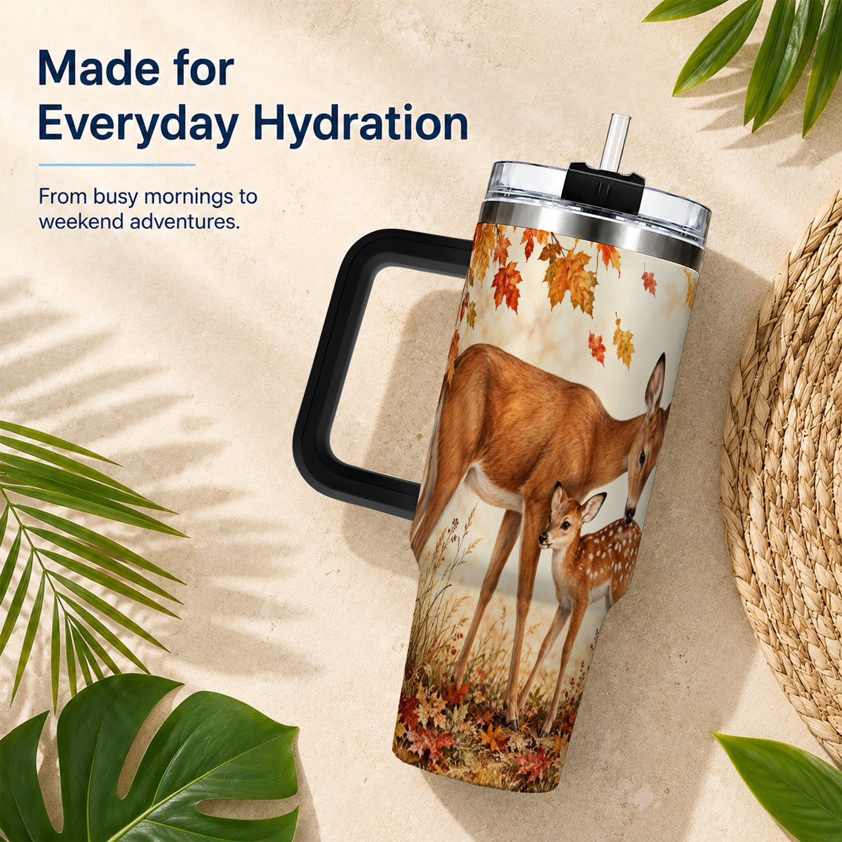 #pl[40oz|Black] Autumn Deer 40oz Tumbler with Handle, Doe Fawn Woodland Travel Cup