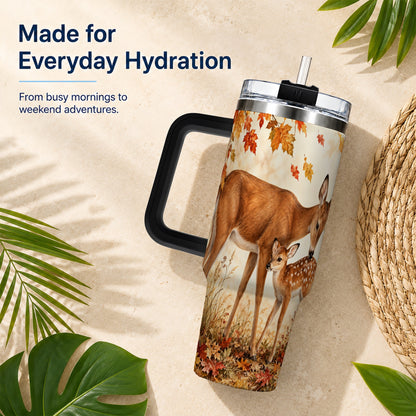 #pl[40oz|Black] Autumn Deer 40oz Tumbler with Handle, Doe Fawn Woodland Travel Cup