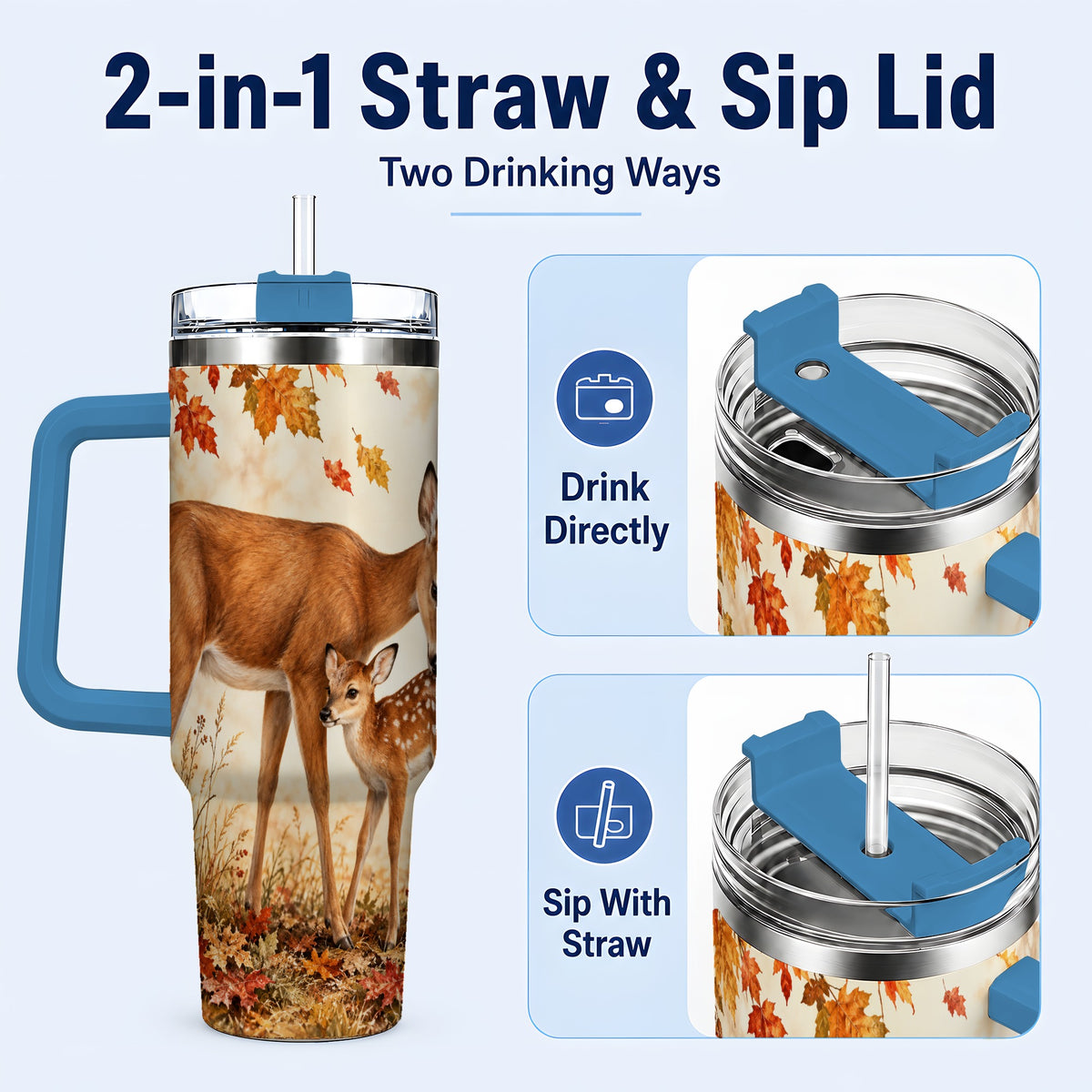 #pl[40oz|Blue] Autumn Deer 40oz Tumbler with Handle, Doe Fawn Woodland Travel Cup