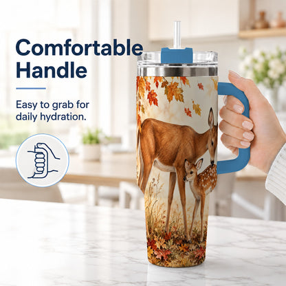 #pl[40oz|Blue] Autumn Deer 40oz Tumbler with Handle, Doe Fawn Woodland Travel Cup