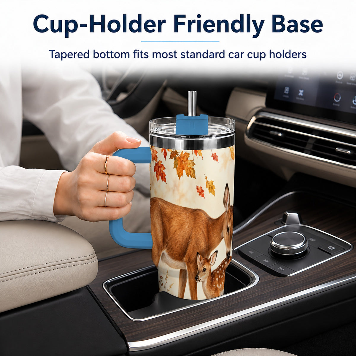 #pl[40oz|Blue] Autumn Deer 40oz Tumbler with Handle, Doe Fawn Woodland Travel Cup