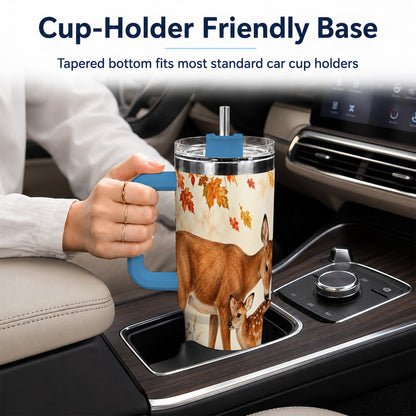 #pl[40oz|Blue] Autumn Deer 40oz Tumbler with Handle, Doe Fawn Woodland Travel Cup