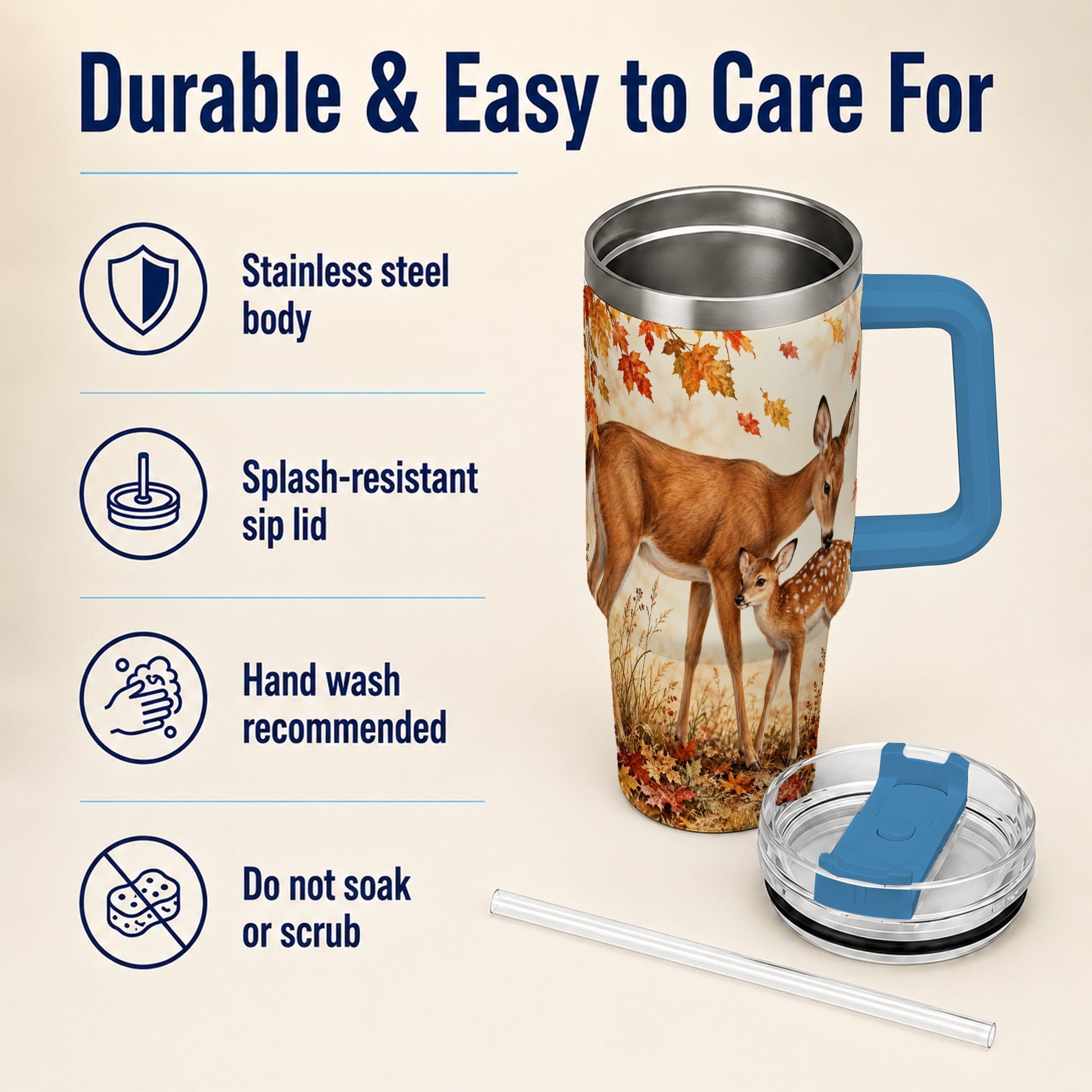 #pl[40oz|Blue] Autumn Deer 40oz Tumbler with Handle, Doe Fawn Woodland Travel Cup